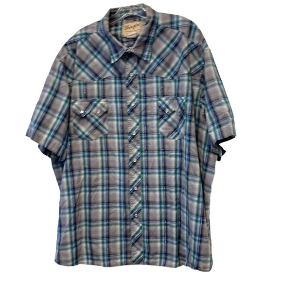Vtg Wrangler Pearl Snap Button Plaid Green Western Silver Metallic Thread XXXL - Picture 1 of 9